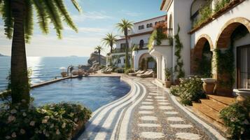 Elegant Spanish-style villa with a private path leading directly to the sandy shores, boasting beautiful terraces, colorful tiles, and a pristine infinity pool. Generative Ai photo