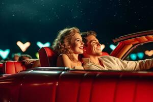 A heartwarming image showcasing a couple cuddled up in a vintage car at a drive-in theater, sharing popcorn and enjoying a movie under the starry night sky. Generative AI photo