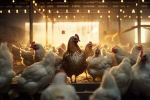 Lot of chickens in a poultry farm. Generative AI photo