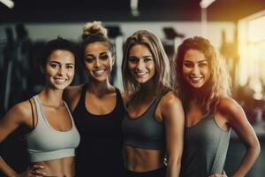 Group of happy female friends standing together in sportswear over gym background. Generative AI photo