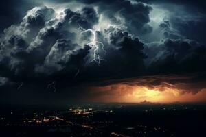 Dystopian sky with dark, brooding clouds, lightning strikes, and an eerie atmosphere, setting the stage for a world on the brink of collapse. Generative Ai photo
