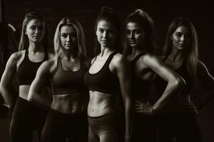 Group of happy female friends standing together in sportswear over gym background. Generative AI photo