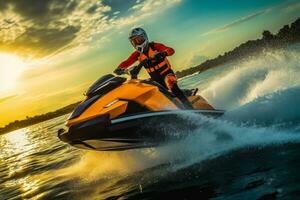 An action-packed image featuring engaging in thrilling water sports such as jet skiing. Concept the spirit of adventure and summer excitement. Generative AI photo