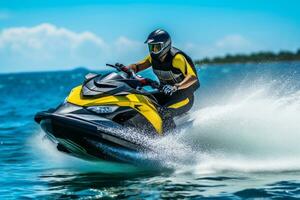 An action-packed image featuring engaging in thrilling water sports such as jet skiing. Concept the spirit of adventure and summer excitement. Generative AI photo
