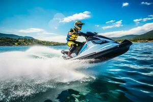 An action-packed image featuring engaging in thrilling water sports such as jet skiing. Concept the spirit of adventure and summer excitement. Generative AI photo