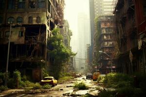 An image depicting a deserted city with overgrown vegetation and abandoned buildings, capturing the post-apocalyptic atmosphere. Generative Ai photo