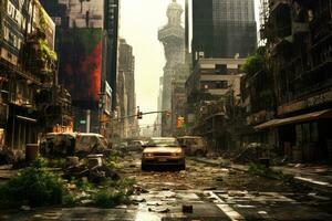 un imagen representando un abandonado ciudad con descuidado vegetación y abandonado edificios, capturar el post apocalíptico atmósfera. generativo ai foto