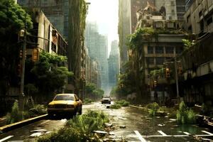 An image depicting a deserted city with overgrown vegetation and abandoned buildings, capturing the post-apocalyptic atmosphere. Generative Ai photo