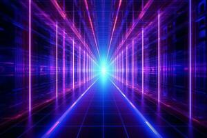 Futuristic technology lines for network, big data, data center, server, internet, speed. Neon lights into digital technology tunnel. Generative AI photo