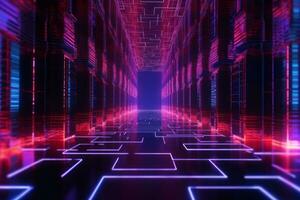 Futuristic technology lines for network, big data, data center, server, internet, speed. Neon lights into digital technology tunnel. Generative AI photo