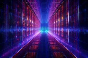 Futuristic technology lines for network, big data, data center, server, internet, speed. Neon lights into digital technology tunnel. Generative AI photo
