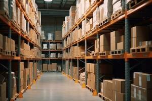 Retail Warehouse full of Shelves with Goods in Cardboard Boxes and Packages. Logistics, Sorting and Distribution Facility for Product Delivery. Generative Ai photo