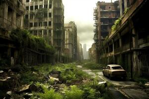 An image depicting a deserted city with overgrown vegetation and abandoned buildings, capturing the post-apocalyptic atmosphere. Generative Ai photo