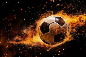 Burning soccer ball with fire sparks on black background. Generative AI photo