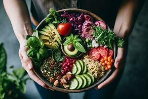 Image of a woman assembling a colorful Buddha bowl, with a variety of proteins ,vegetables and grains. Generative Ai photo