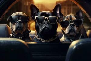 3d render of three gangsta dogs with sunglasses sitting on the back seat of limousine. Generative AI photo