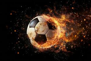 Burning soccer ball with fire sparks on black background. Generative AI photo