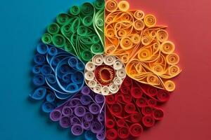 An image showcasing intricate paper quilling artwork in the form of pride symbols, creating a visually appealing representation of LGBTQ pride. Generative AI photo