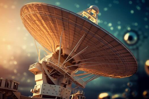 A close-up shot of a satellite dish receiving or transmitting signals, symbolizing global communication and connectivity. Generative Ai photo