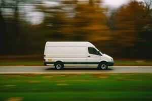 Logistic Delivery van on a country road panning effect. Generative Ai photo