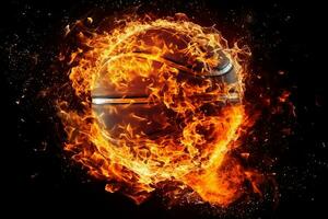 Burning basket ball with fire sparks on black background. Generative AI photo