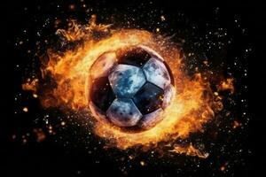 Burning soccer ball with fire sparks on black background. Generative AI photo