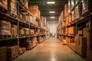 Retail Warehouse full of Shelves with Goods in Cardboard Boxes and Packages. Logistics, Sorting and Distribution Facility for Product Delivery. Generative Ai photo