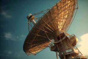 A close-up shot of a satellite dish receiving or transmitting signals, symbolizing global communication and connectivity. Generative Ai photo