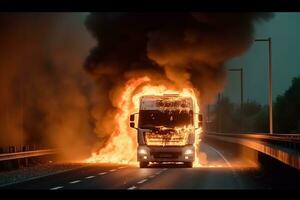 Burning transport service truck on a fast highway. Road closed and truck damaged. Ai generative photo