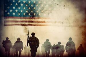 múltiple exposición de silueta soldado en uniforme, con el americano bandera en el fondo, Dedicación a deber. saludo tarjeta para veteranos día, monumento día, independencia día. generativo ai foto