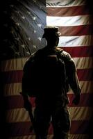 Silhouette of a soldier in uniform, with the American flag in the background, portraying strength and dedication to duty. Greeting card for Veterans Day, Memorial Day, Independence Day. Generative AI photo