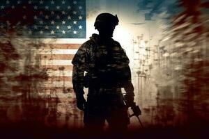 Multiple exposure of Silhouette soldier in uniform, with the American flag in the background, dedication to duty. Greeting card for Veterans Day, Memorial Day, Independence Day. Generative AI photo