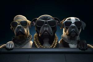 3d render of three gangsta dogs with sunglasses sitting on the back seat of limousine. Generative AI photo