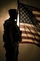 Silhouette of a soldier in uniform, with the American flag in the background, portraying strength and dedication to duty. Greeting card for Veterans Day, Memorial Day, Independence Day. Generative AI photo