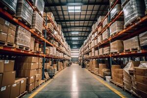 Retail Warehouse full of Shelves with Goods in Cardboard Boxes and Packages. Logistics, Sorting and Distribution Facility for Product Delivery. Generative Ai photo