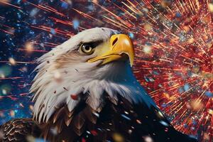 Bald eagle with its wings outstretched, positioned in front of a mesmerizing fireworks display, with the American flag. Portraying the spirit of celebration and patriotism. Generative Ai photo