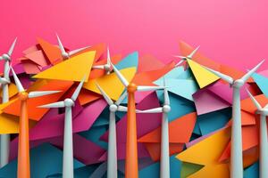vistoso papel molinos de viento, representando viento energía y promoviendo sostenible practicas generativo ai foto
