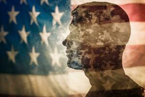 Multiple exposure of Silhouette soldier in uniform, with the American flag in the background, dedication to duty. Greeting card for Veterans Day, Memorial Day, Independence Day. Generative AI photo