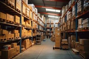 Retail Warehouse full of Shelves with Goods in Cardboard Boxes and Packages. Logistics, Sorting and Distribution Facility for Product Delivery. Generative Ai photo
