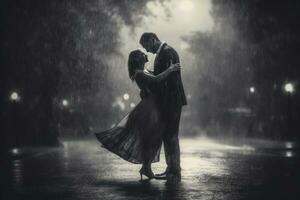 Couple dancing or embracing passionately in the rain. Generative Ai photo