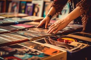 A shot of a person flipping through a collection of vinyl records from the 1960s, showcasing the music and cultural influences of the era. Generative AI photo
