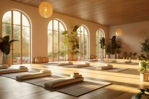 Yoga studio designed with aloe vera elements, featuring natural materials, soft lighting, and a serene ambiance that encourages mindfulness and holistic well-being. Generative Ai photo