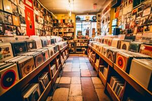 An interior shot of a retro record store with shelves filled with vinyl records from the 1960s, evoking nostalgia and capturing the music culture of the time. Generative AI photo