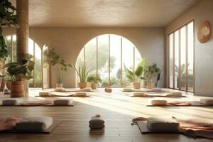Yoga studio designed with aloe vera elements, featuring natural materials, soft lighting, and a serene ambiance that encourages mindfulness and holistic well-being. Generative Ai photo