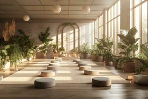 Yoga studio designed with aloe vera elements, featuring natural materials, soft lighting, and a serene ambiance that encourages mindfulness and holistic well-being. Generative Ai photo