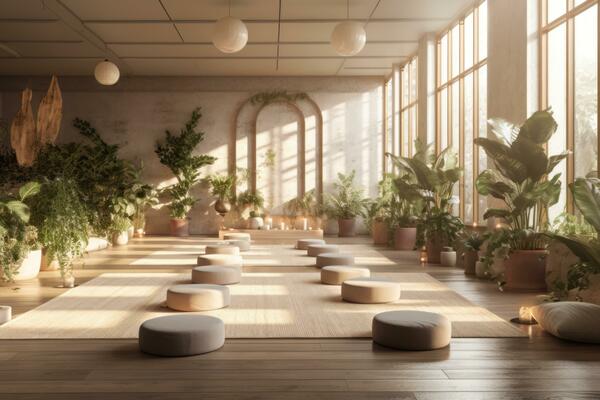 Premium Photo  Peaceful yoga studio interior with soft lighting created  with generative ai