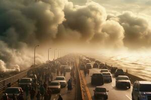 escena de carros y personas evacuando costero areas como un huracán enfoques, enfatizando el importancia de la seguridad medidas durante tal natural desastres generativo ai foto