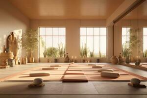 Yoga studio designed with aloe vera elements, featuring natural materials, soft lighting, and a serene ambiance that encourages mindfulness and holistic well-being. Generative Ai photo