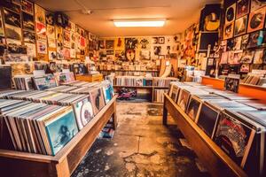 un interior Disparo de un retro grabar Tienda con estantería lleno con vinilo registros desde el 1960, evocando nostalgia y capturar el música cultura de el tiempo. generativo ai foto