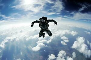 A dynamic shot of a person engaged in an extreme sport like skydiving conveying a sense of thrill and adventure. Generative Ai photo